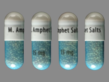 M Amphet Salts 15 mg: (0115-1330) Amphetamine Aspartate 3.75 mg / Amphetamine Sulfate 3.75 mg / Dextroamphetamine Saccharate 3.75 mg / Dextroamphetamine Sulfate 3.75 mg 24 Hr Extended Release Capsule by Physicians Total Care, Inc.