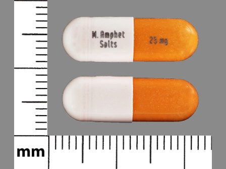 M Amphet Salts 25 mg: Amphetamine Aspartate 6.25 mg / Amphetamine Sulfate 6.25 mg / Dextroamphetamine Saccharate 6.25 mg / Dextroamphetamine Sulfate 6.25 mg 24 Hr Extended Release Capsule